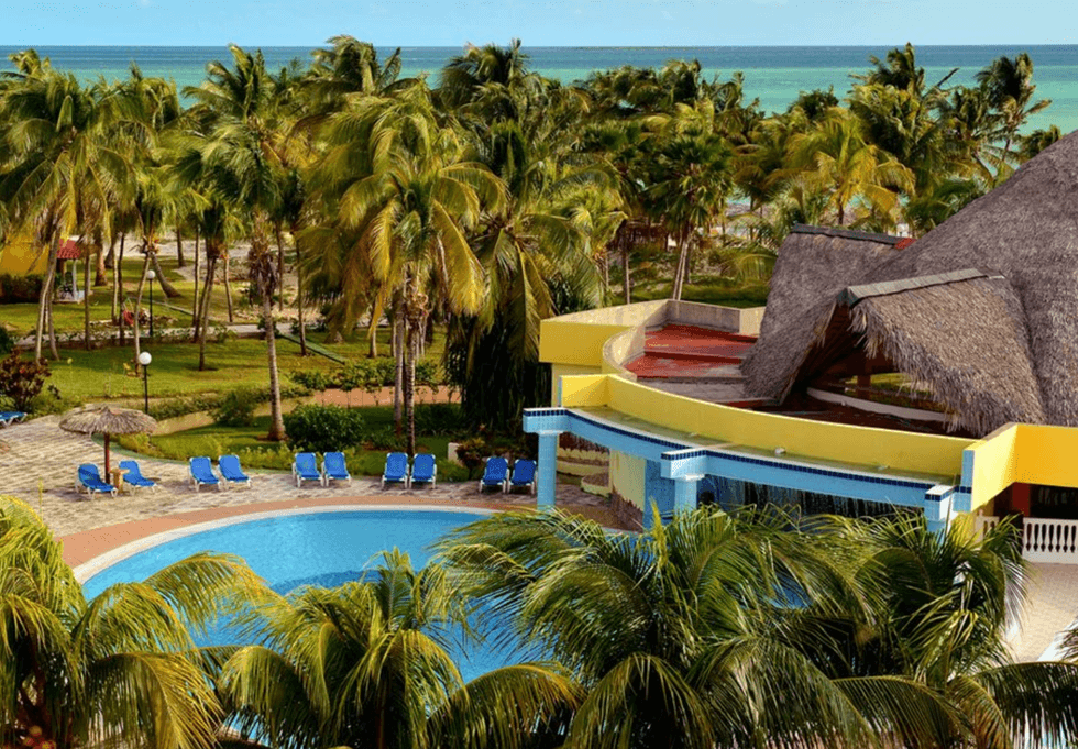 Grande piscine d'un h\u00f4tel entour\u00e9e de palmiers.