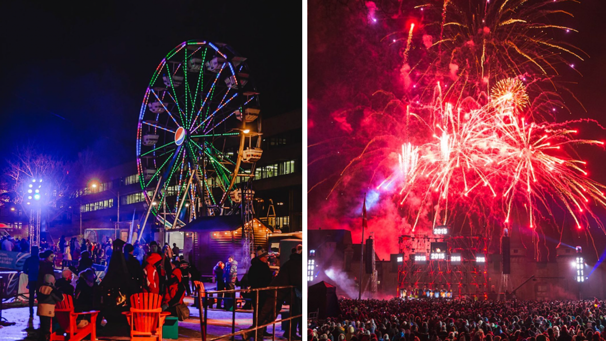 Grande roue. Droite : Feux d'artifices.