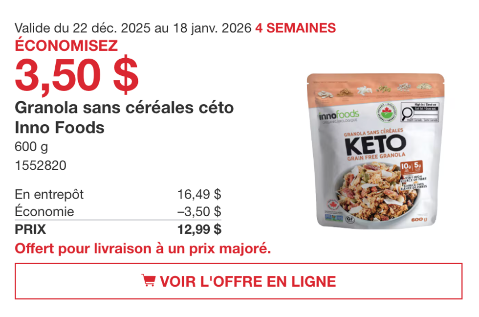 Granola sans c\u00e9r\u00e9ales c\u00e9to Inno Foods 600 g sur le site de Costco