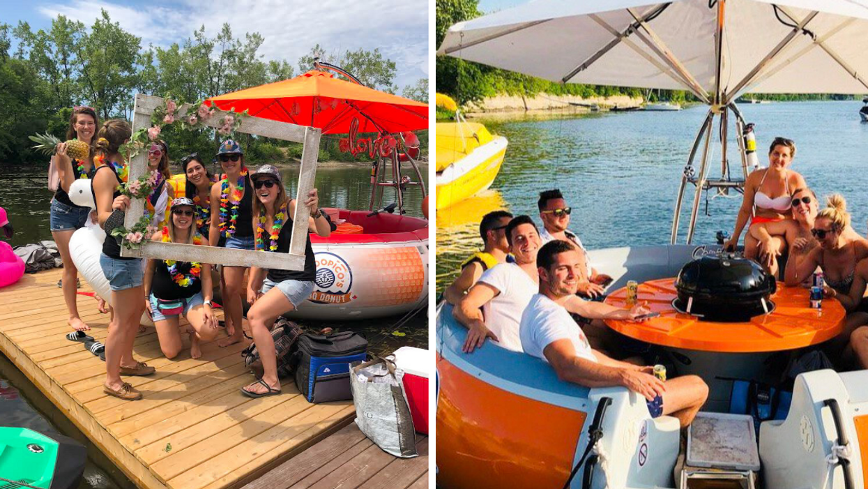 Groupe de filles qui ont loué Top Dopico's. Droite : Groupe dans un beigne Top Dopico's.