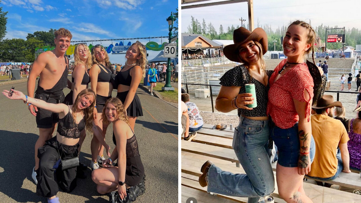 Groupe de personnes au FEQ. Droite : Femmes au rodéo.