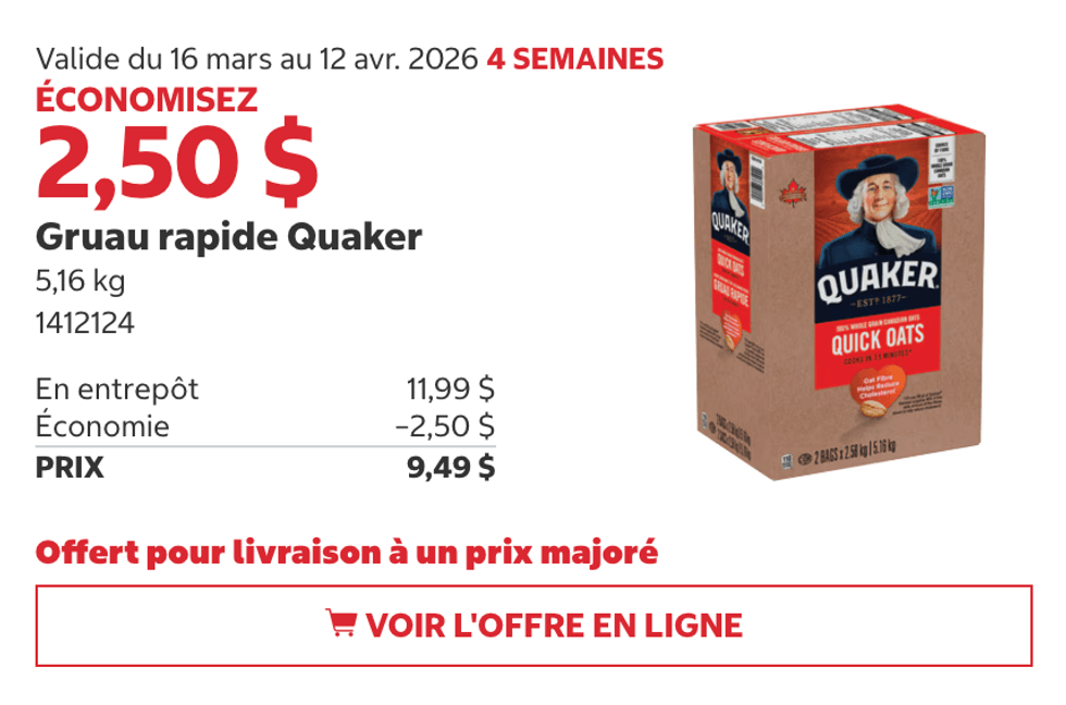 Gruau rapide Quaker en rabais au Costco.