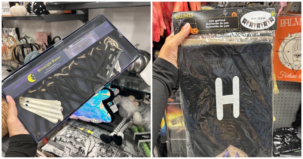 Guirlande \u00ab Happy Halloween \u00bb noire avec des fant\u00f4mes. Droite : Guirlande \u00ab Happy Halloween \u00bb en fibre de jute.