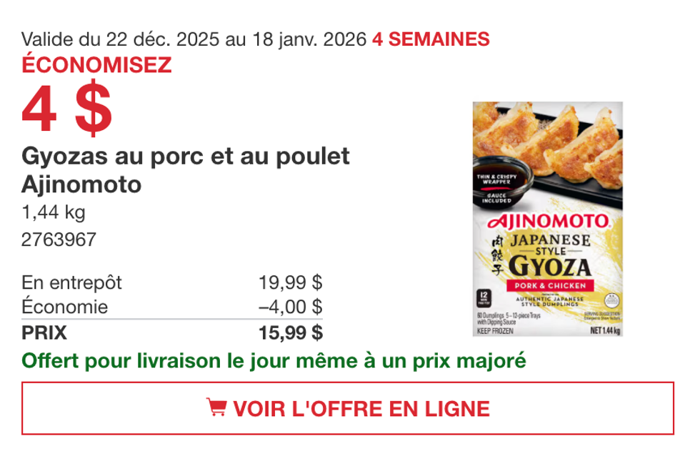 Gyozas au porc et au poulet Ajinomoto 1,44 kg sur le site de Costco