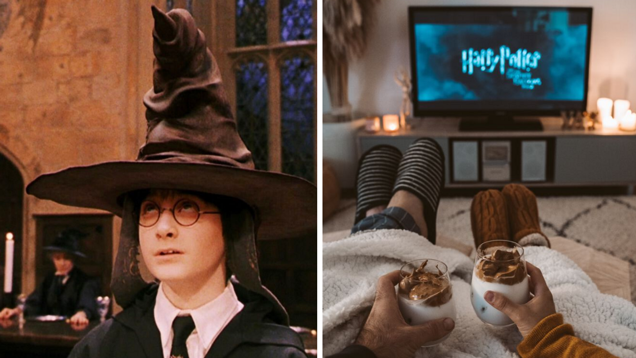 Harry Potter. Droite : Deux personnes regardant Harry Potter.