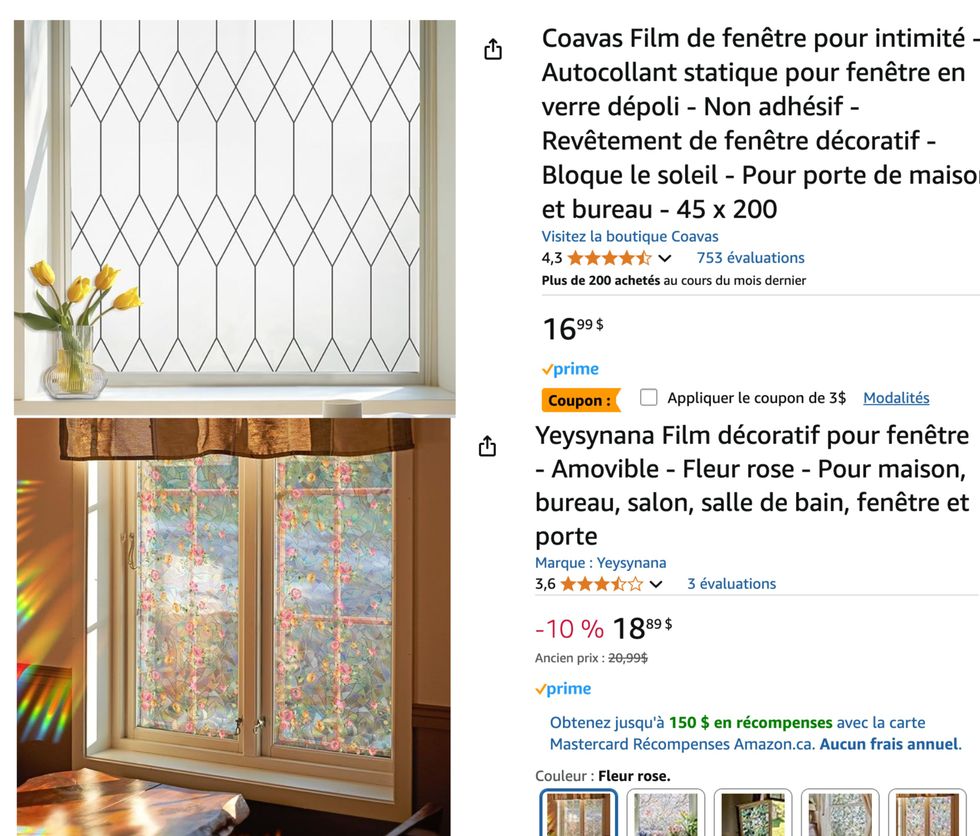 Haut : Film de fen\u00eatre d\u00e9coratif \u00e0 vendre sur Amazon. Bas : Film de fen\u00eatre d\u00e9coratif avec des roses \u00e0 vendre sur Amazon.