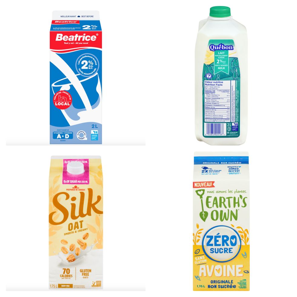 Haut gauche : Carton bleu et rouge de lait partiellement \u00e9cr\u00e9m\u00e9 Beatrice. Bas gauche : Carton jaune et rose de boisson d'avoine enrichie de Silk. Haut droit : Carton de lait blanc et vert de Qu\u00e9bon. Bas droit : Carton jaune et blanc de la boisson \u00e0 l'avoine sans sucre Earth's Own.