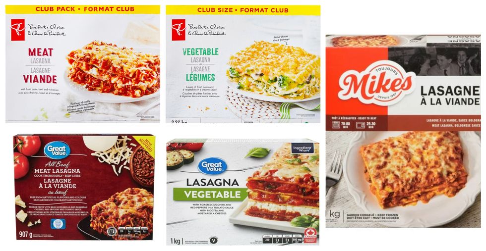 Haut gauche : Derux boites de lasagnes Choix du Pr\u00e9sident. Bas gauche : Deux boites de lasagnes Great Value. Droite : Boite de lasagne Mikes.