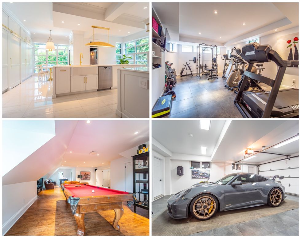 Haut gauche : La cuisine blanche. Haut droit : La salle de gym remplie d'\u00e9quipement. Bas gauche : La salle de jeux avec une table de billard. Bas droit : Le garage avec une voiture grise.