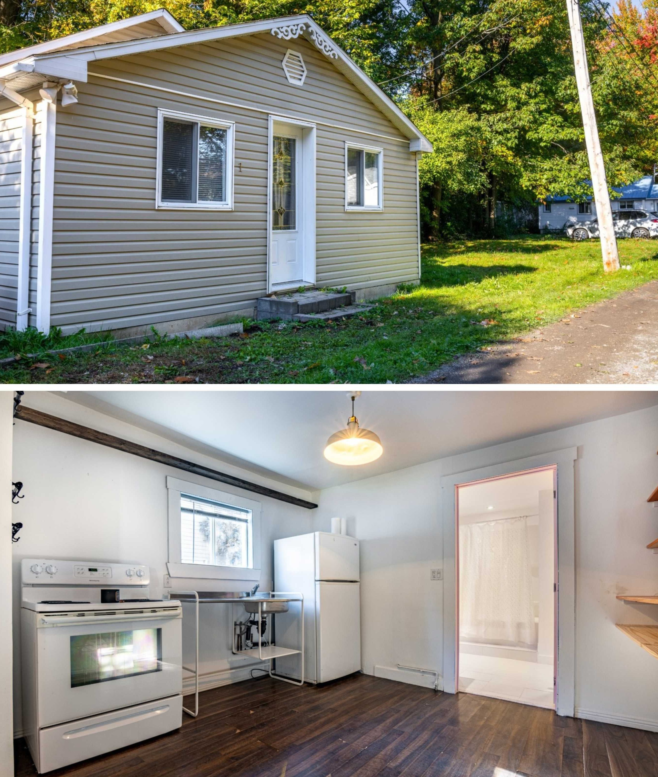 Haut : une devanture de maison. Bas : une cuisine.