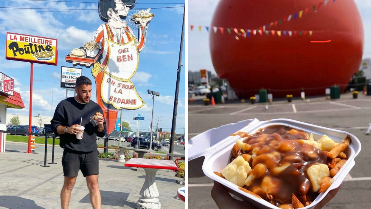 Homme chez Ben la Bedaine. Droite : Poutine au Gibeau Orange Julep.