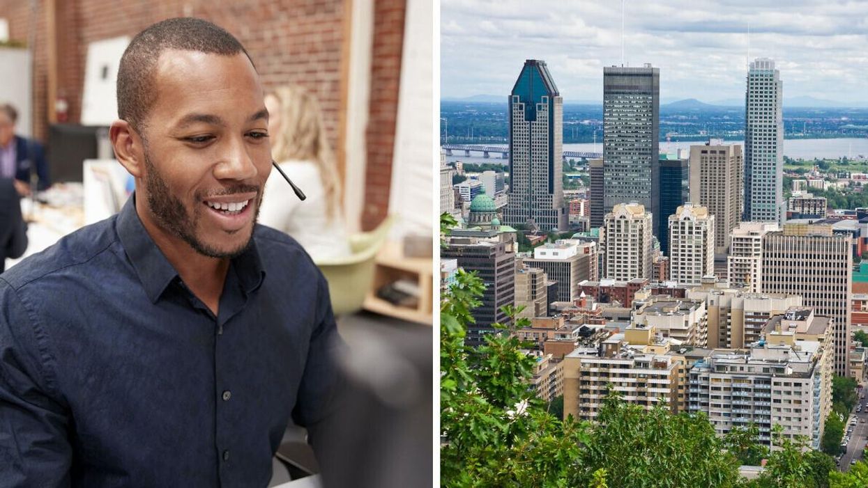 Homme dans un centre d'appels. Droite : Ville de Montréal.