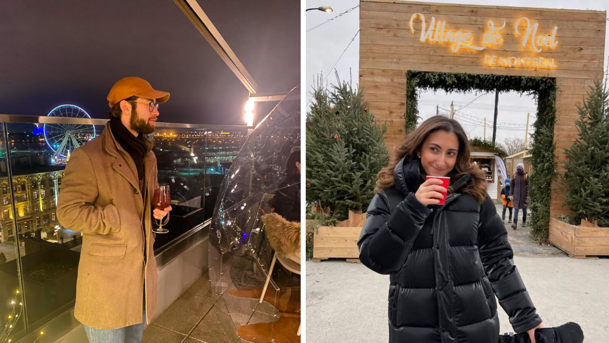 Homme sur la Terrasse William Gray. Droite : Femme au Village de Noël de Montréal.