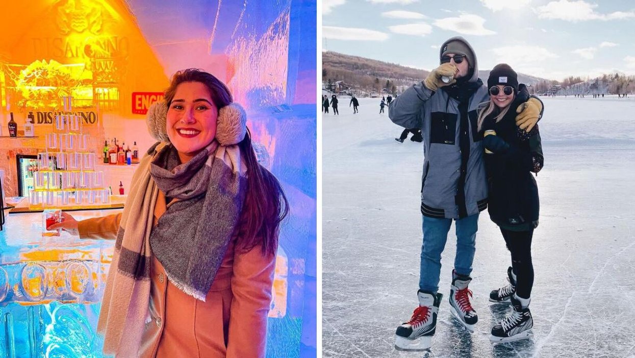 Hôtel de Glace. Droite : Patinoire du Lac-Beauport.