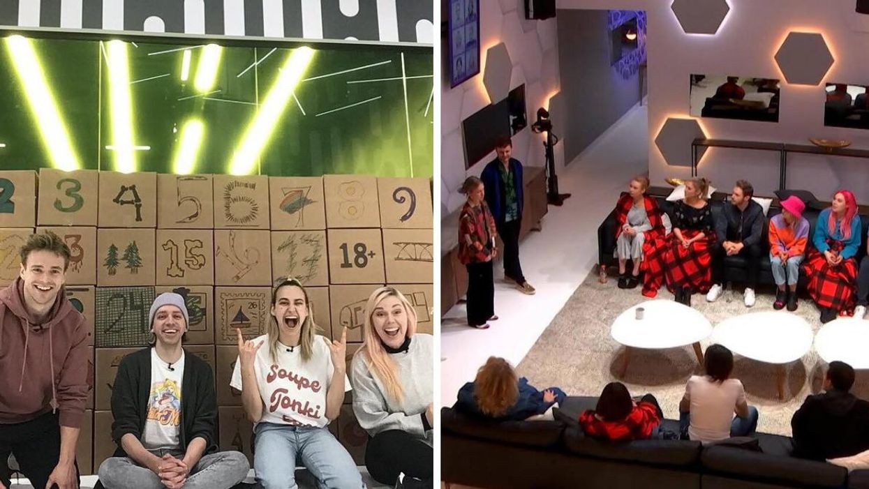 Hugo Barrette, Tranna Wintour, Éléonore Lagacé et Stéphanie Harvey à Big Brother Célébrités. Droite : Candidats à Big Brother Célébrités.