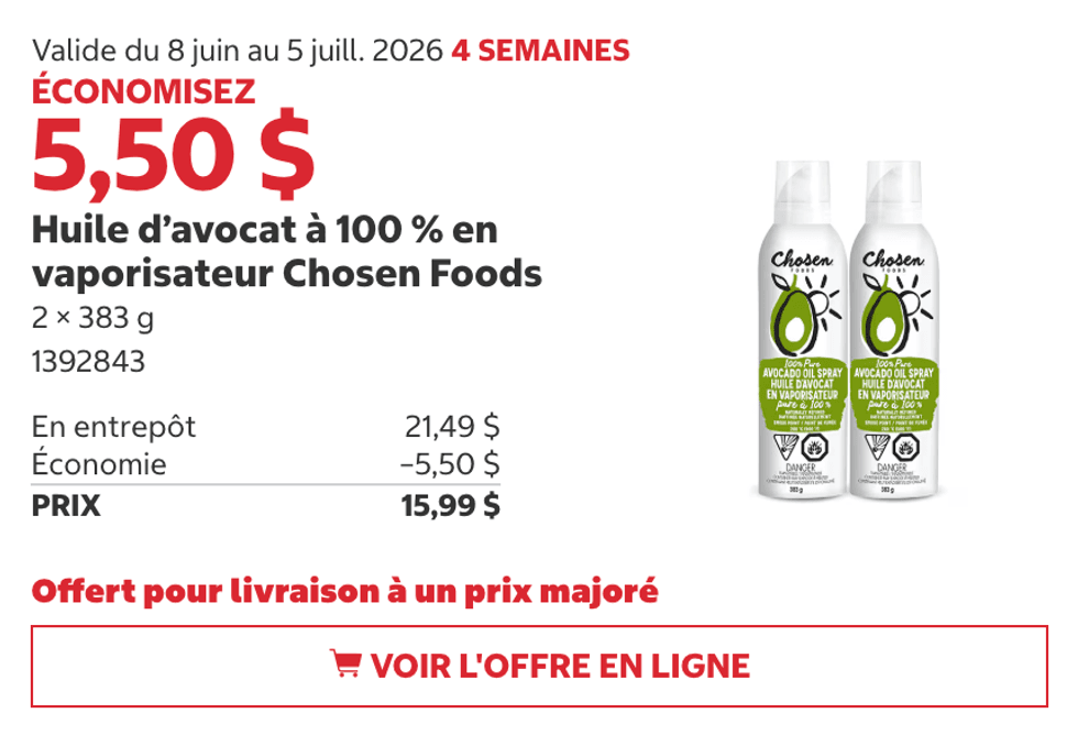 Huile d\u2019avocat en vaporisateur Chosen Foods (2 x 383 g) au Costco.