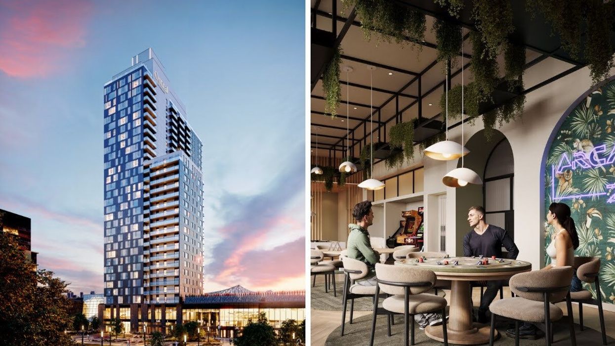 Immeuble en hauteur moderne avec balcons et design vitré au coucher du soleil. Droite: Trois personnes assises autour d’une table dans un lounge moderne avec plantes suspendues et jeux d’arcade.