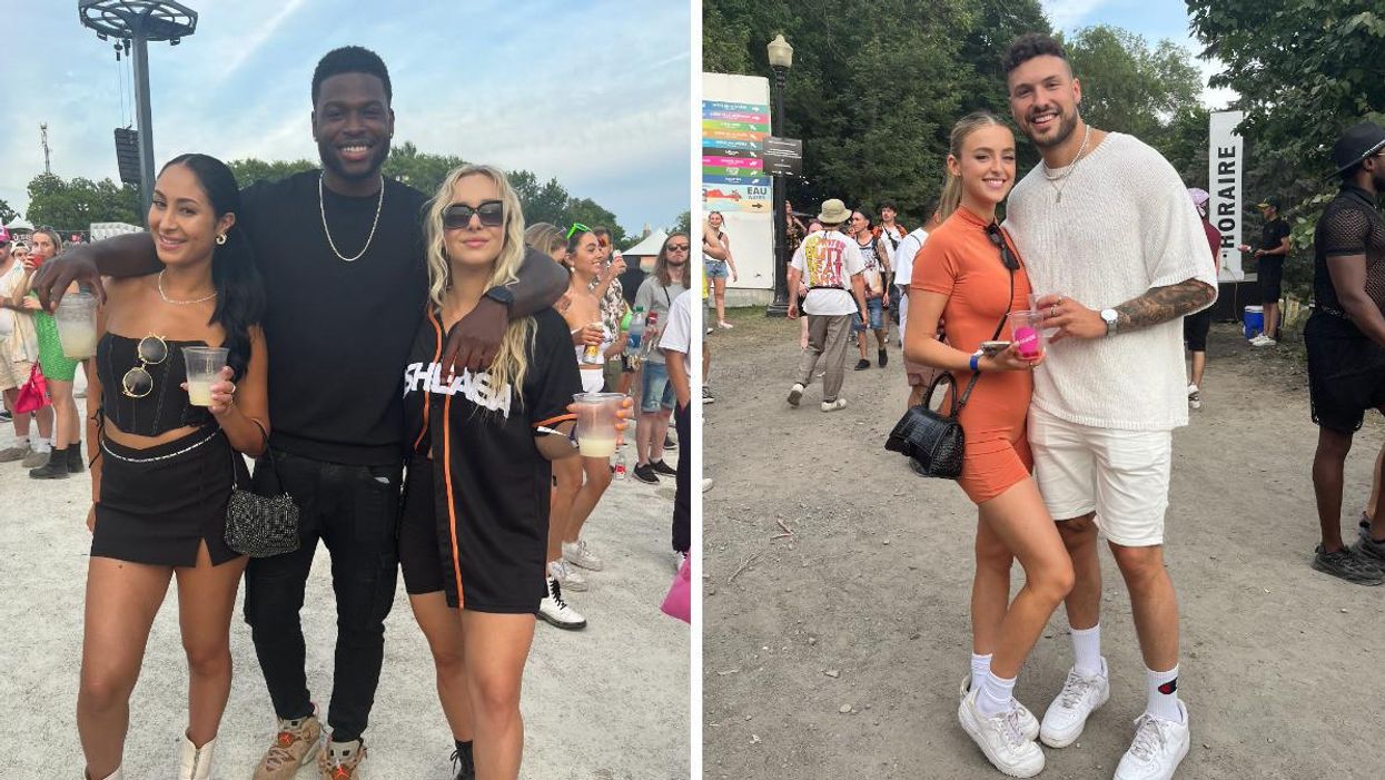 Ines Lalouad, Stevens Dorcelus et Amélie Henry d'OD à Osheaga. Droite : Alicia Moffet et Frédérick Robichaud à Osheaga.