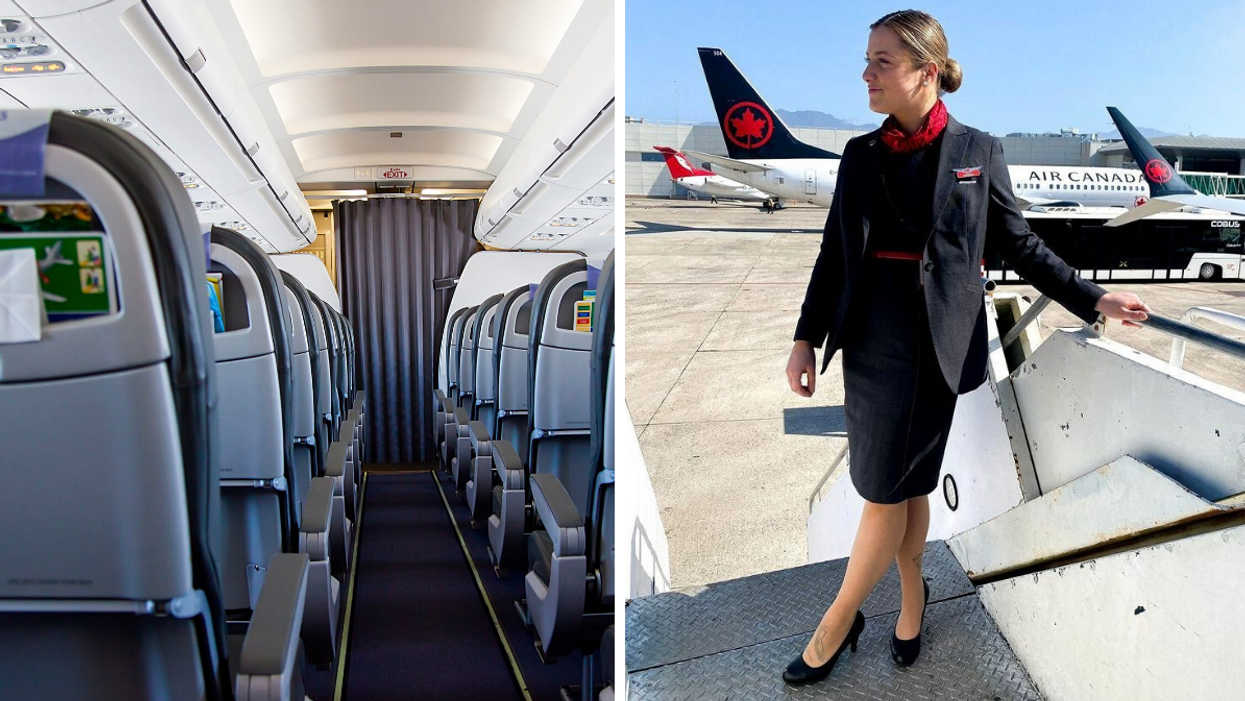 Intérieur d'un avion. Droite : Alexandra Lapierre, agente de bord.