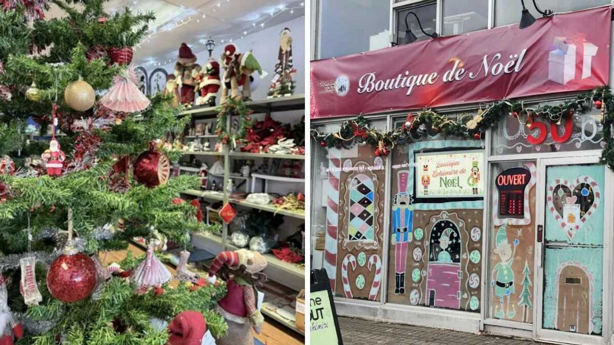 Intérieur de la boutique éphémère de Noël Dépanne-Tout. Droite : La devanture de la boutique éphémère de Noël Dépanne-Tout.