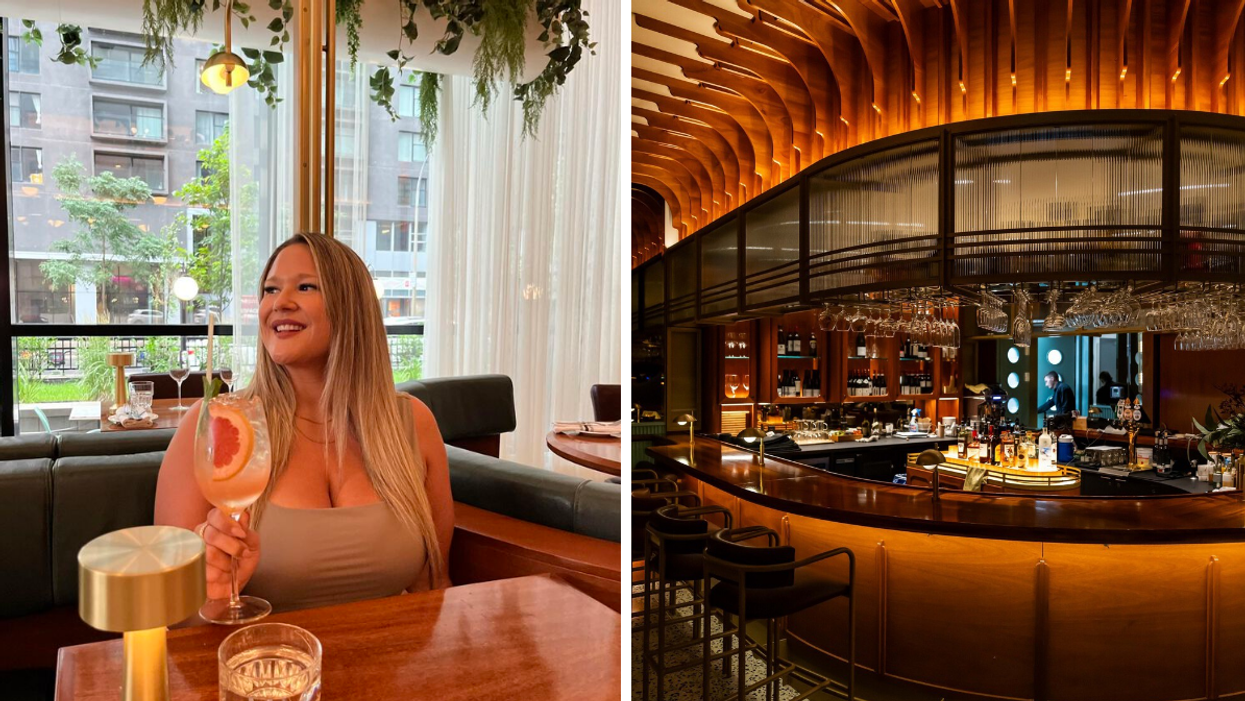 Izabelle Bee au Commodore, un verre à la main. Droite : Le bar du Commodore.