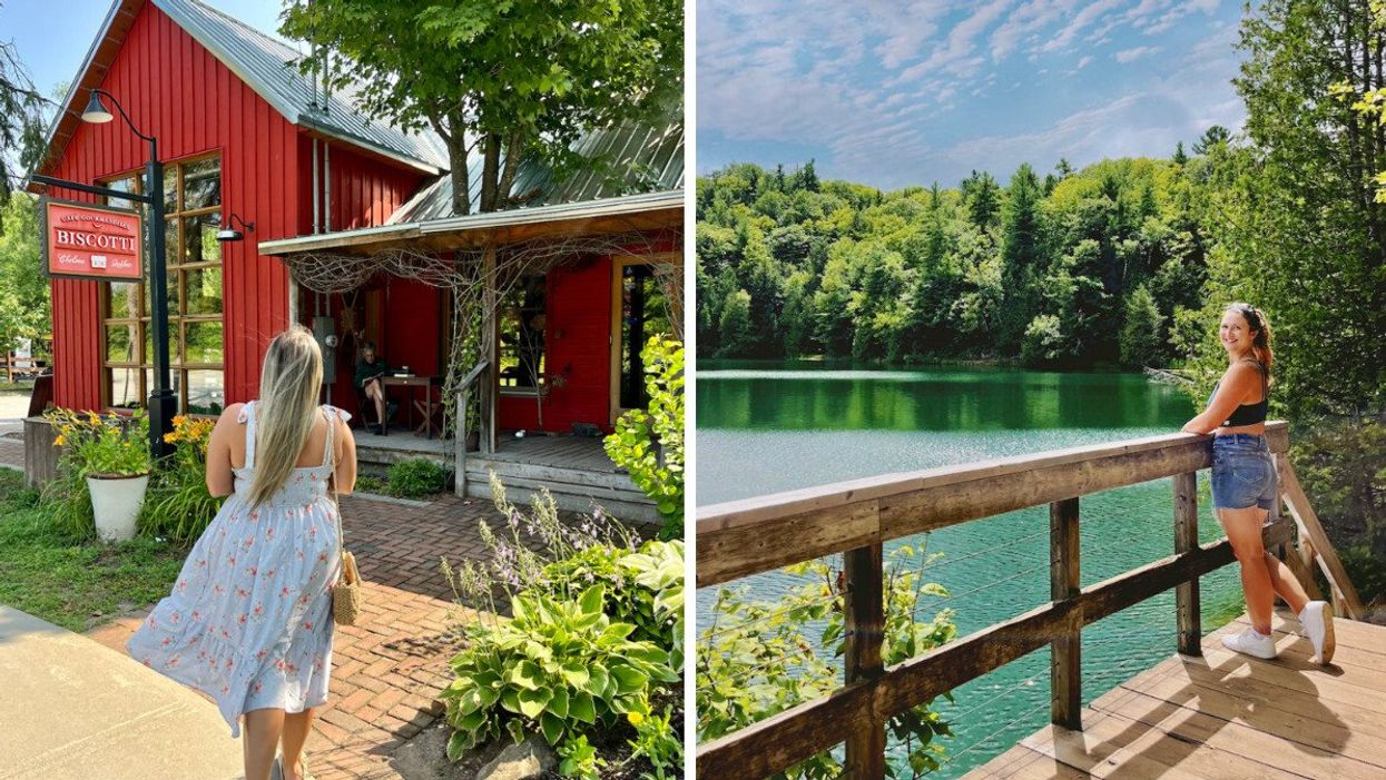 Izabelle Bee devant le café Biscotti. Droite : Une femme devant le Lac Pink.