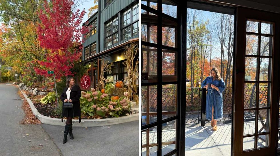 Izabelle Bee devant les Lofts du Village \u00e0 Old Chelsea. Droite : Izabelle Bee sur le balcon des Lofts du Village \u00e0 Old Chelsea.