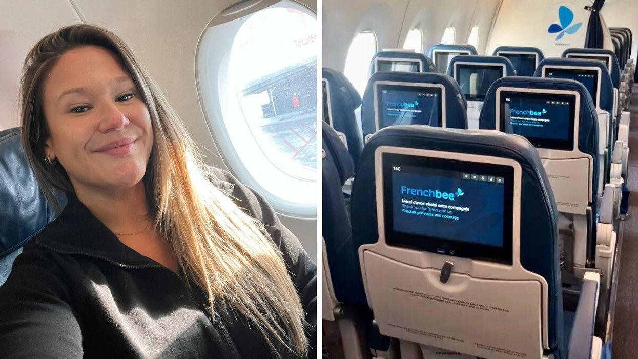 Izabelle Bee. Droite : L'intérieur d'un avion French bee.