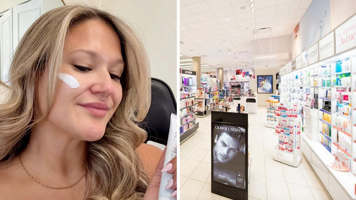 Izabelle Bee et la crème d'Avène. Droite : La section beauté du Jean Coutu.