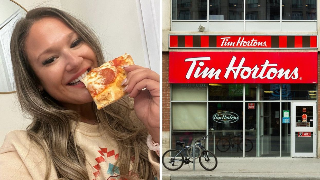 Izabelle Bee et la pizza du Tim Hortons. Droite : Succursale Tim Hortons.