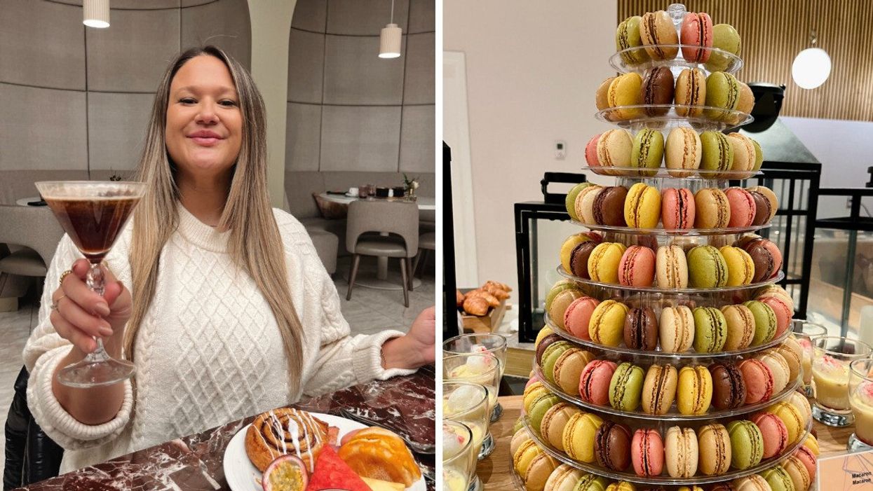 Izabelle Bee et son espresso martini. Droite : une tour géante de macarons.