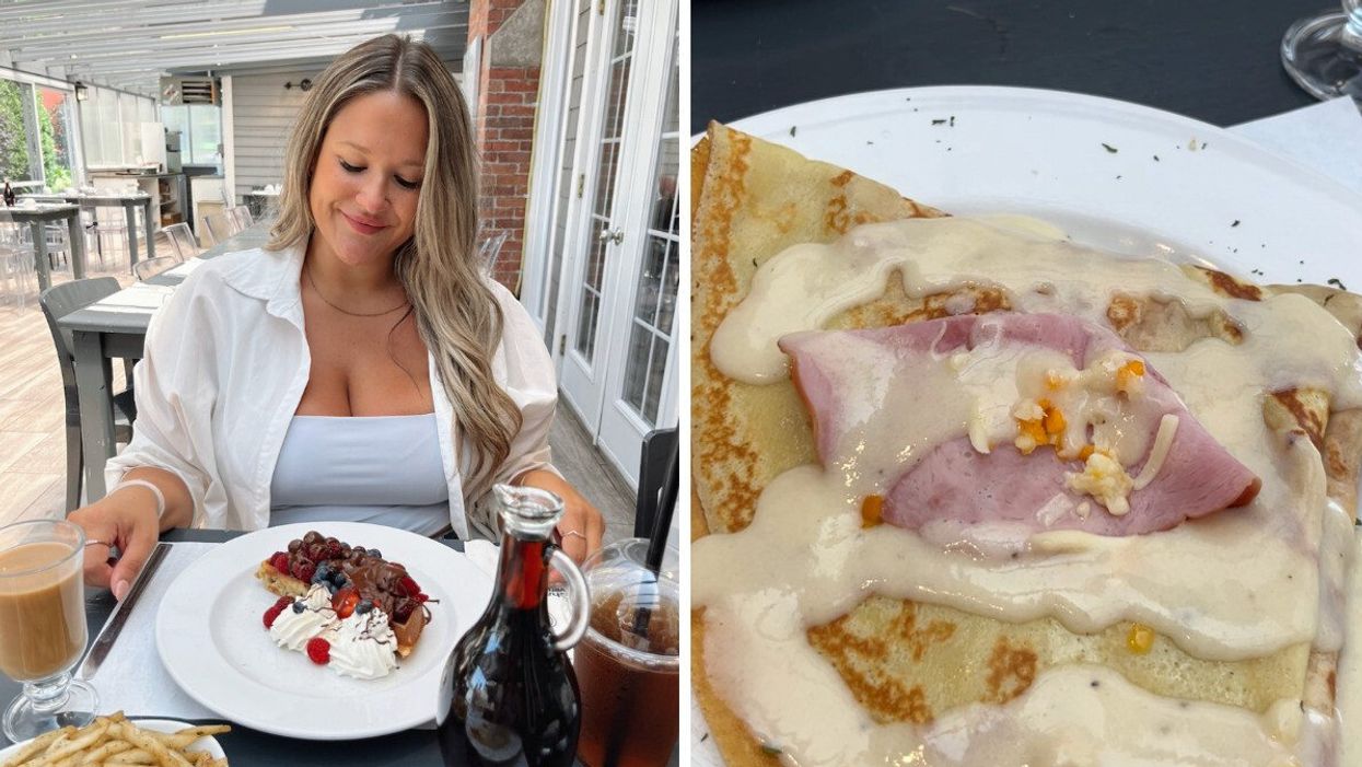 Izabelle Bee et une gaufre aux fruits. Droite : La crêpe jambon-fromage avec béchamel.