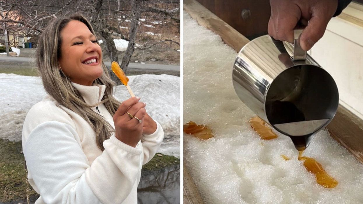 Izabelle Bee et une tire d'érable. Droite : de la tire sur neige.