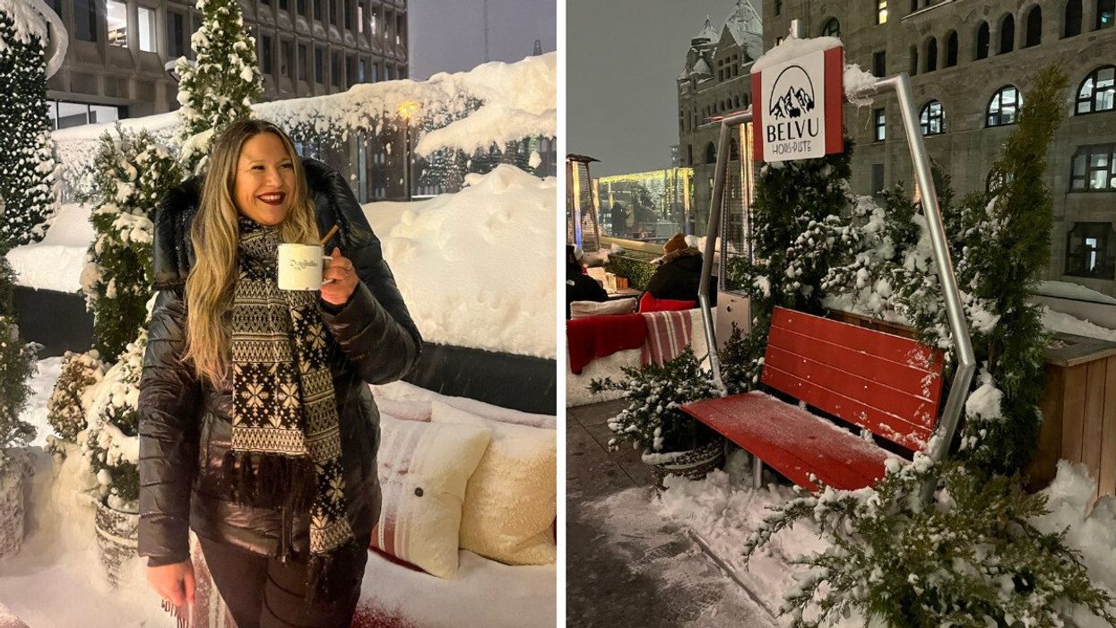 Izabelle Bee sur la terrasse Belvu enneigée. Droite : Banc de ski rouge entouré de sapins et de l'affiche « Belvu Hors-Piste ».