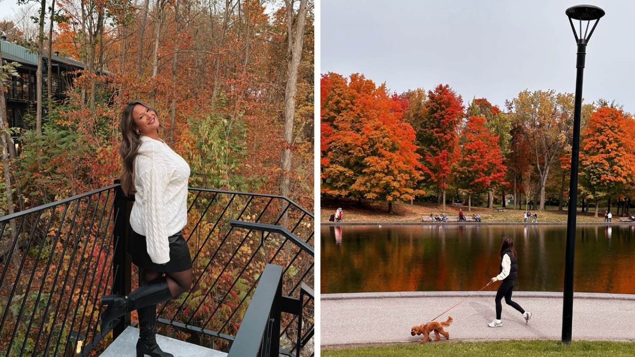 Izabelle Bee sur un balcon, entourée d'arbres colorés. Droite : Une femme à Montréal pendant l'automne promène son chien.