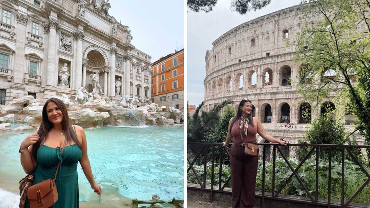 Izabelle devant la fontaine de Trevi. Droite : Izabelle devant le Colisée de Rome en Italie.