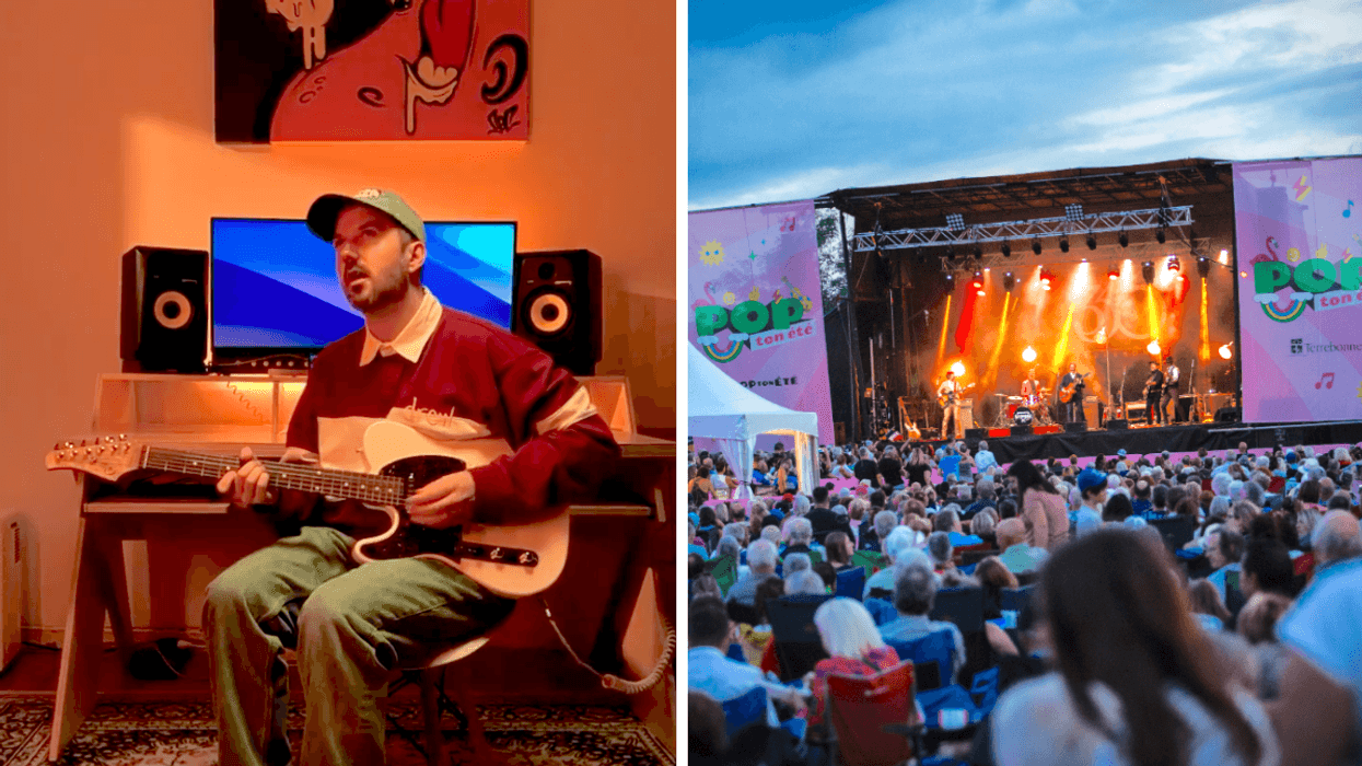Jay Scott jouant de la guitare. Droite : La scène du festival POP ton été.