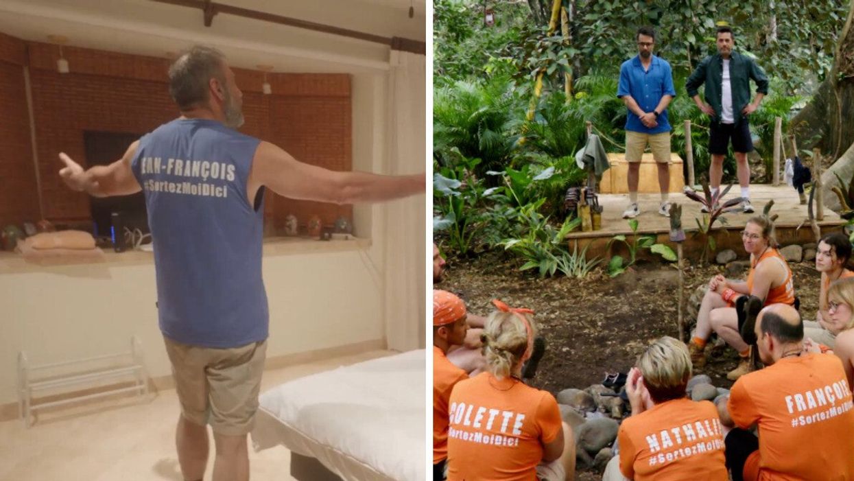 Jean-François Mercier. Droite : Camp de base de Sortez-moi d'ici.