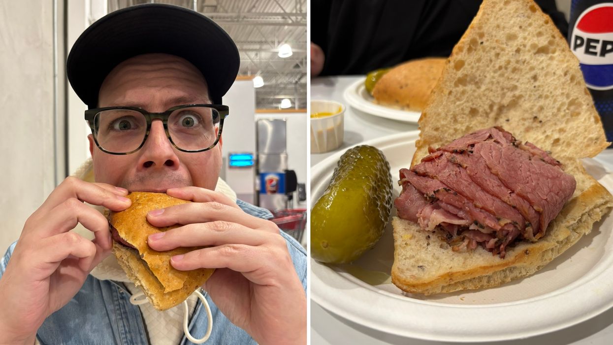 Jean-Michel Clermont-Goulet. Droite : le smoked meat qu'il a dévoré.