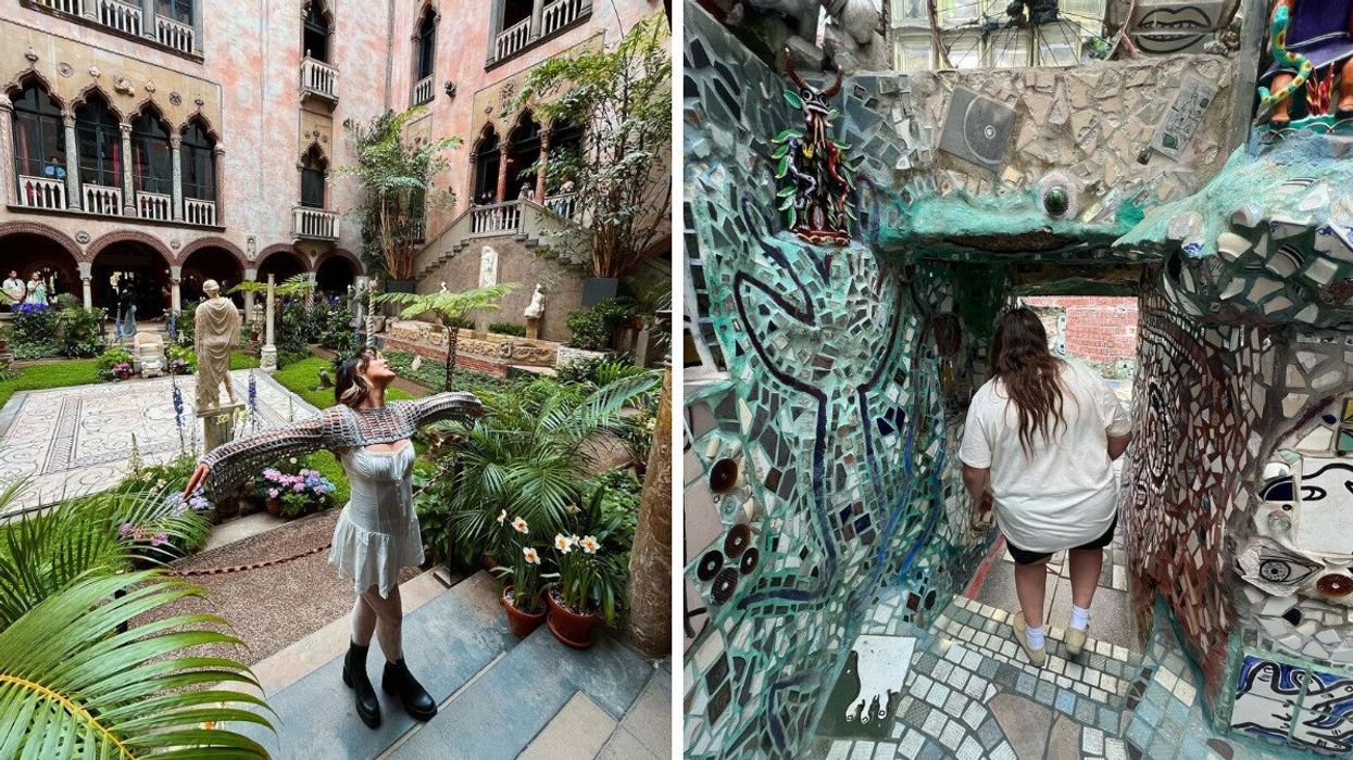 Jeune femme au musée Isabella Stewart Gardner. Droite : Jeune femme aux Philadelphia's Magic Gardens.