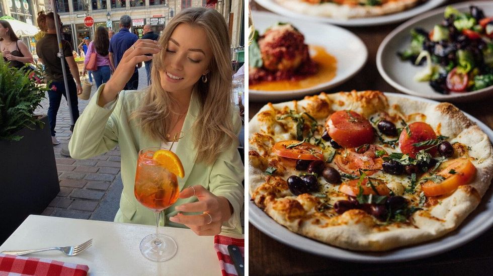 Jeune femme avec un cocktail sur la terrasse du restaurant Bevo Bar + Pizzeria. Droite : Plats du restaurant Bevo Bar + Pizzeria.