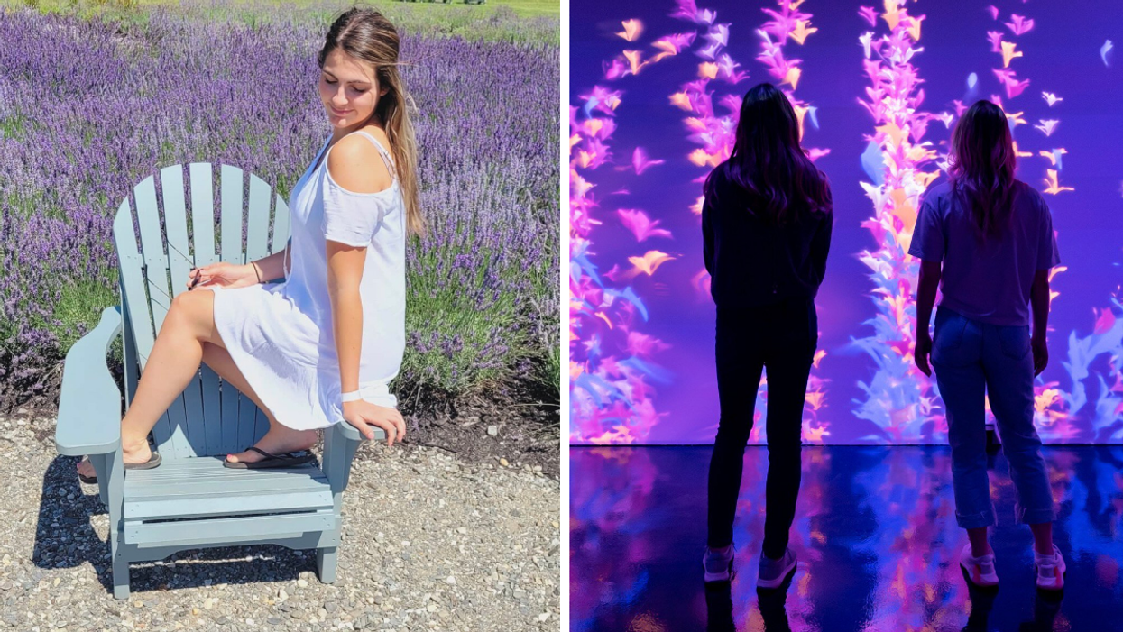 Jeune femme dans les champs de lavande. Droite : Salle Champs Chromatiques.