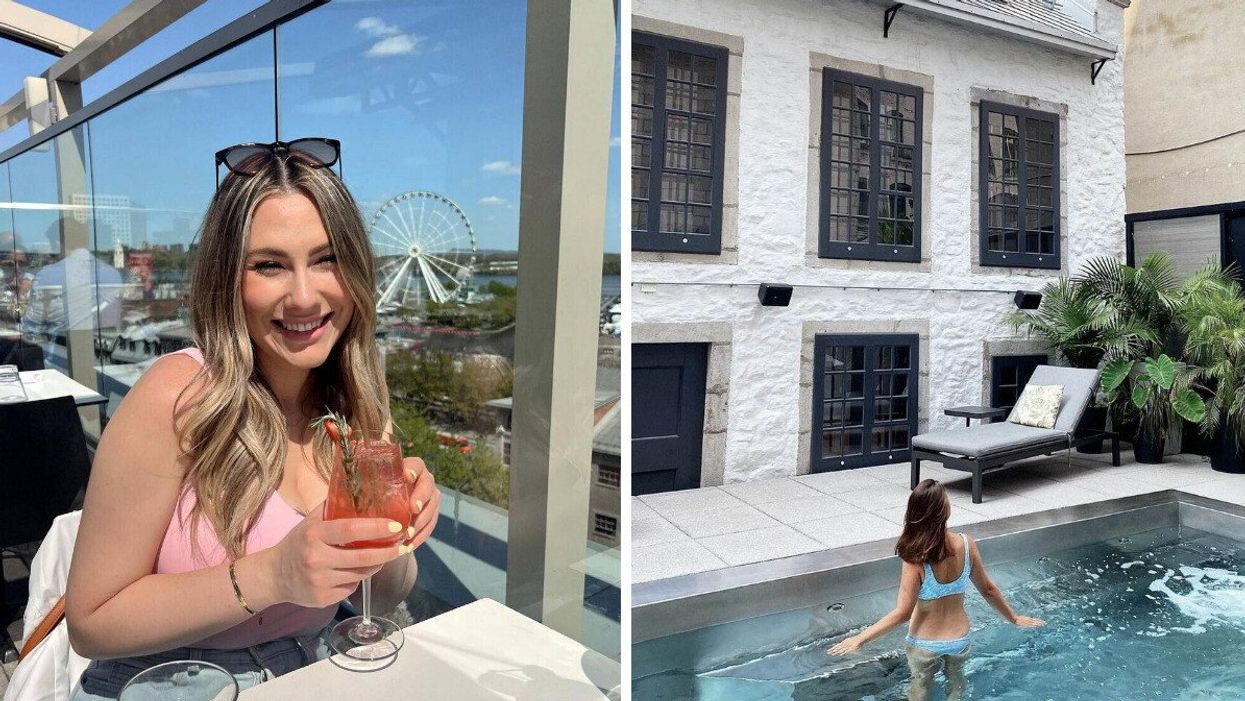 Jeune femme sirotant un cocktail sur la terrasse Perché, avec une vue sur Montréal. Droite : Jeune femme dans la piscine du Spa William Gray.