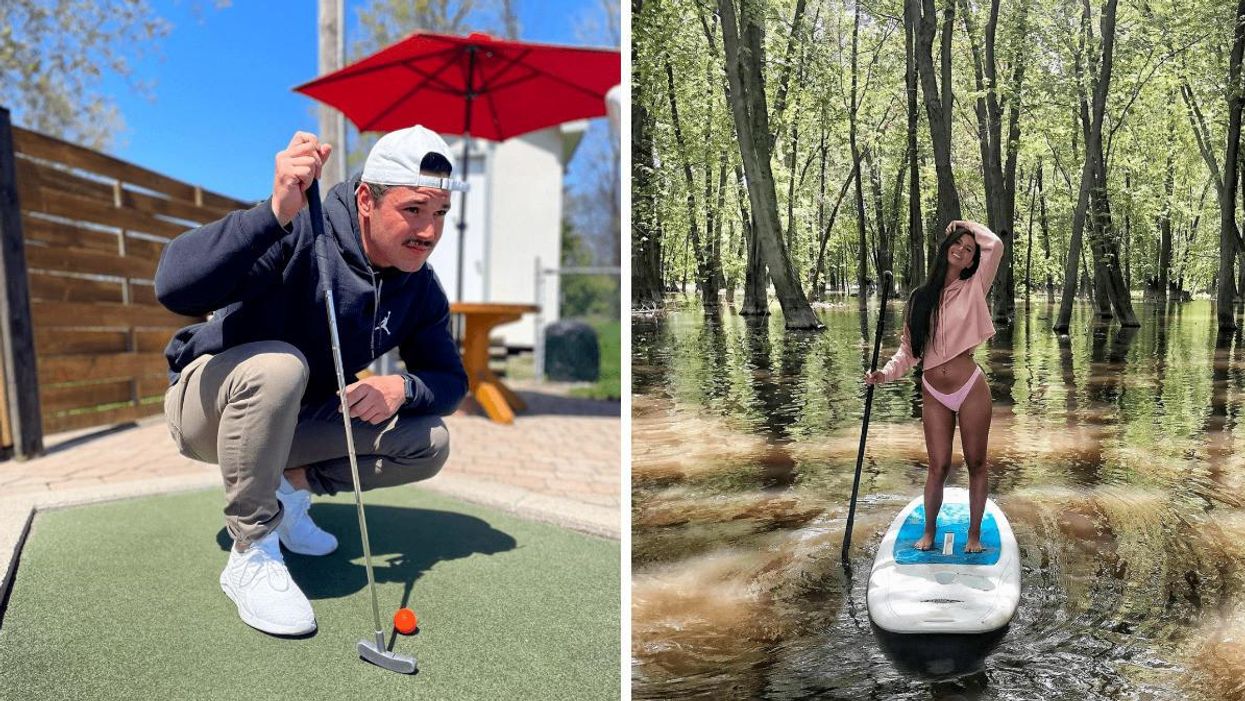 Jeune homme au Golf miniature Fabreville. Droite : Jeune femme en paddleboard à Laval.