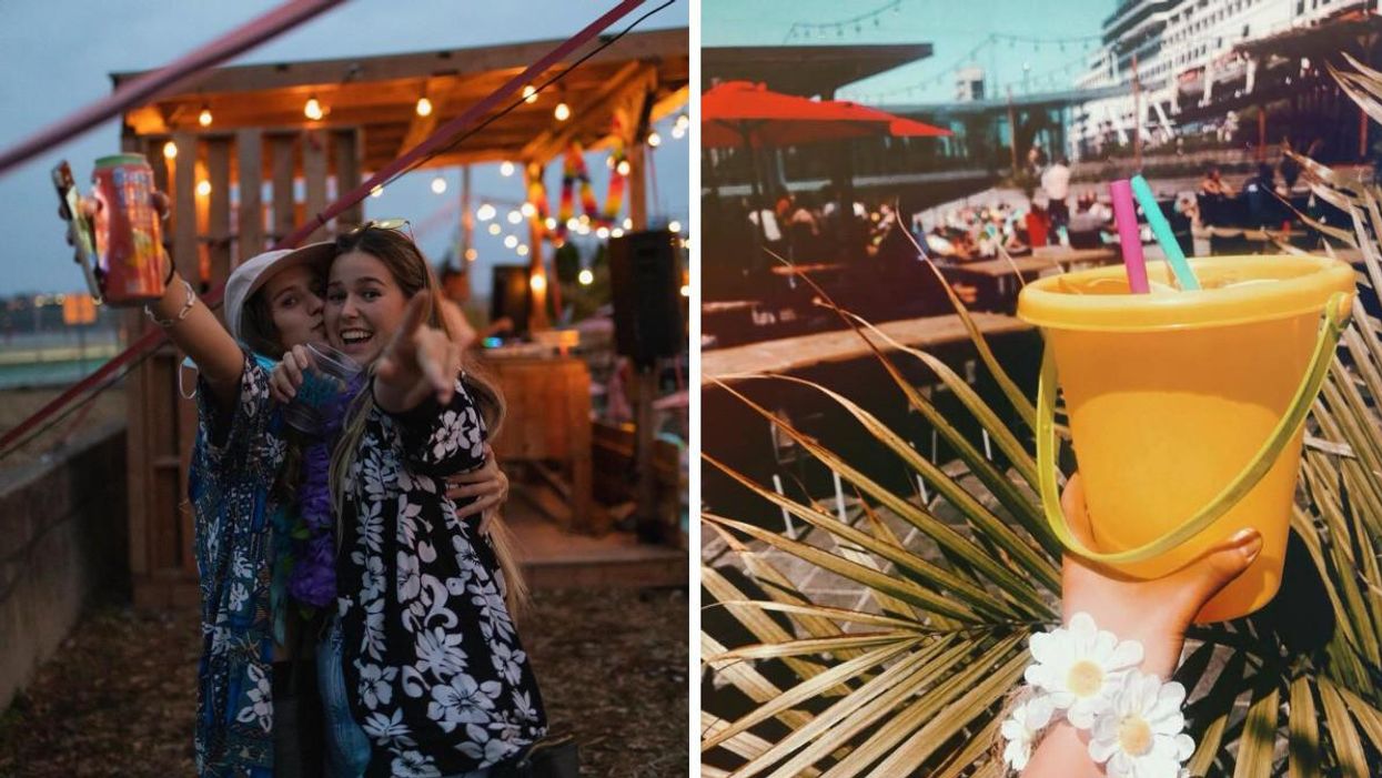 Jeunes femmes avec cocktails. Droite : Boisson dans un « bucket ».