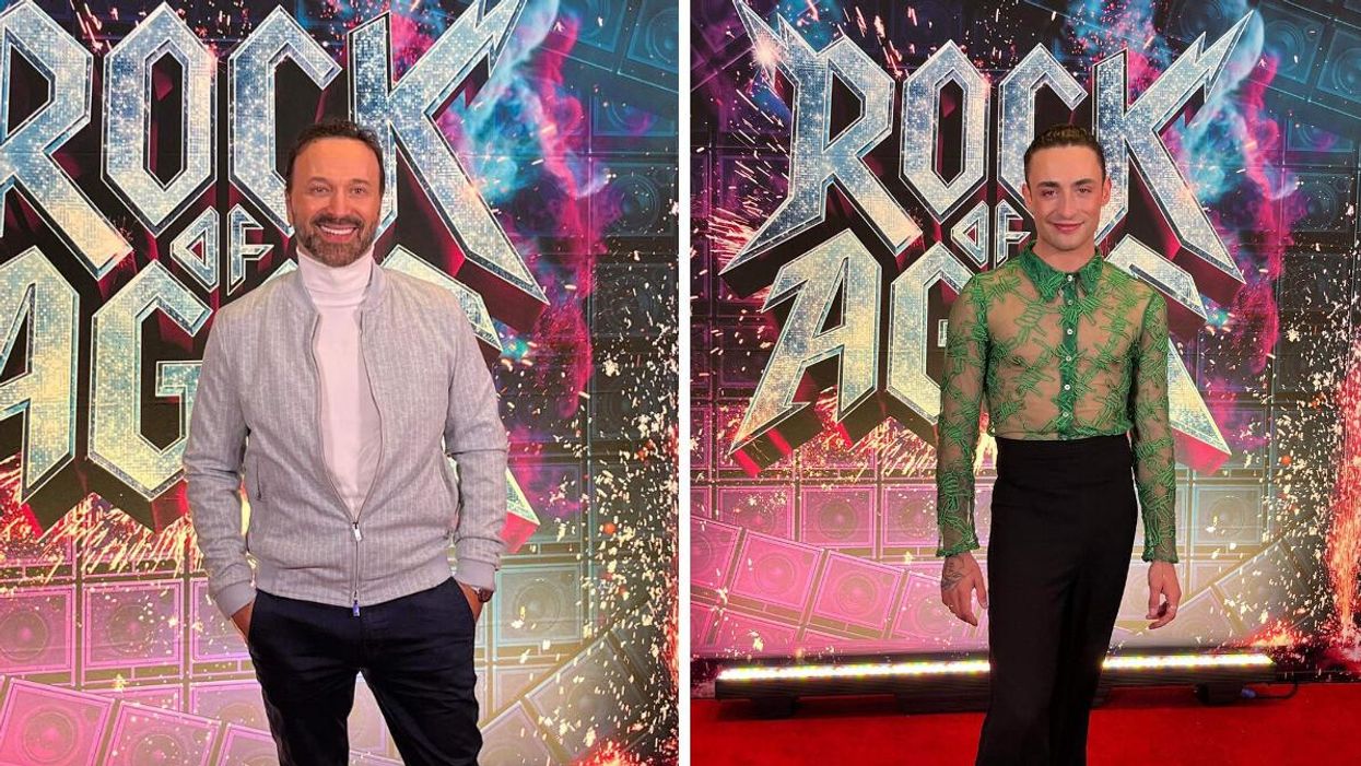 Joël Legendre, le metteur en scène, au tapis rouge de Rock of Ages. Droite : Zoé Duval au tapis rouge de Rock of Ages.