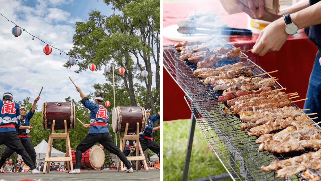 Joueurs de tambours. Droite : Brochettes de viande.