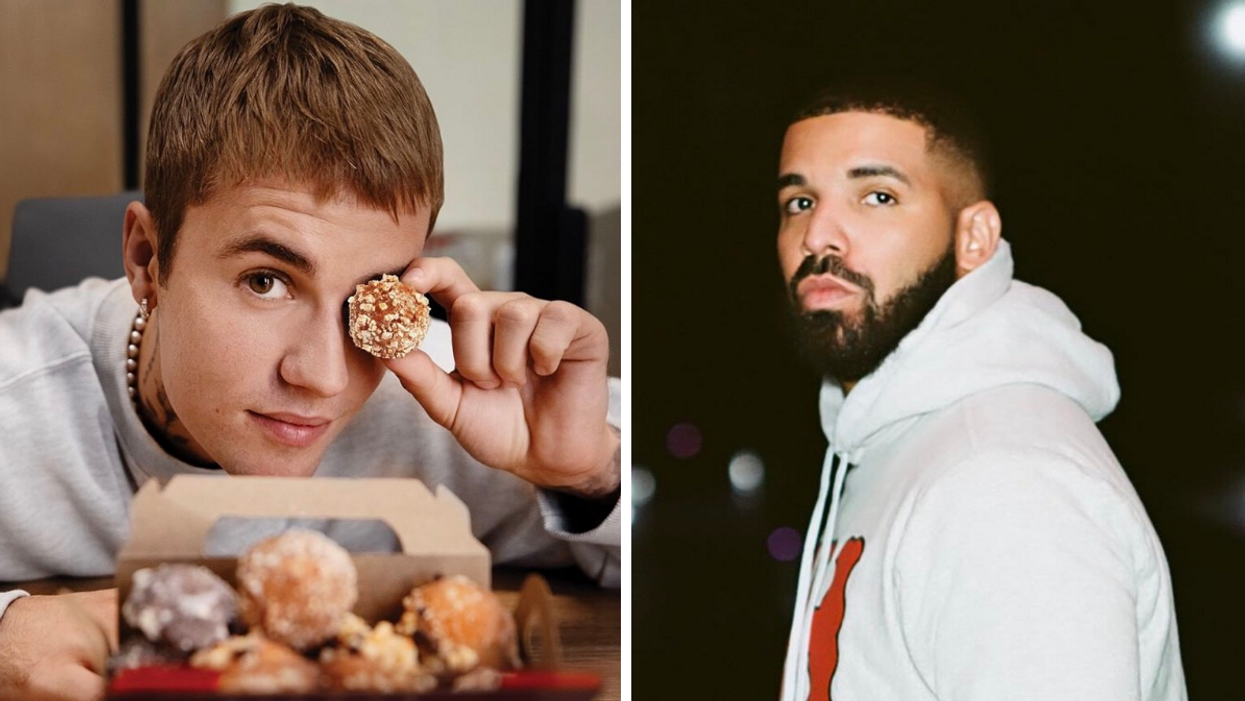 Justin Bieber et des Timbiebs. Droite : Le chanteur Drake.