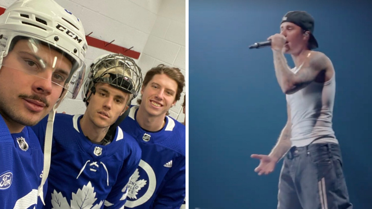 Justin Bieber et les Maple Leafs. Droite : Justin Bieber en spectacle au Centre Bell.