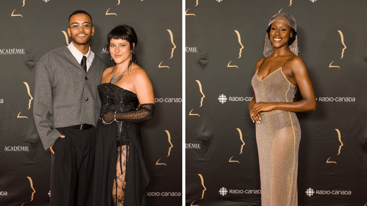 Karl-Antoine Suprice pose aux côtés de Catherine Brunet sur le tapis rouge des prix Gémeaux. Droite : Naïla Louidort, actrice, en robe rappellant le look de Rihanna aux CFDA Awards 2014, sur le tapis rouge des prix Gémeaux.